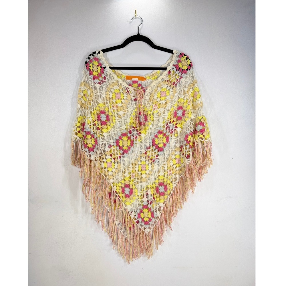 Vintage Miss Me Crochet Fringe Poncho Granny Square Grandmacore Boho Bohemian